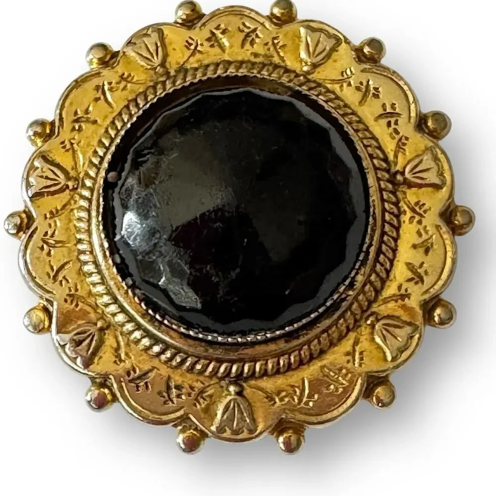 Freirich Victorian Revival 1.5” Brooch Black Cabachon Gold Filigree Dome VNTG